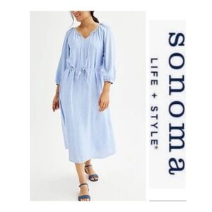 Sonoma Goods For Life Sky Blue Linen-Blend Tie Waist Midi Dress Size XL